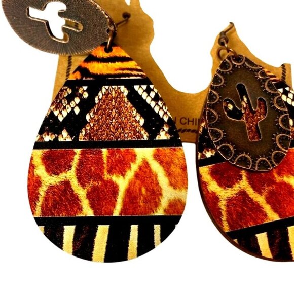 Rustic Coutures Cactus Hollow Out Earrings With Animal Print Teardrop NWT - Picture 2 of 3